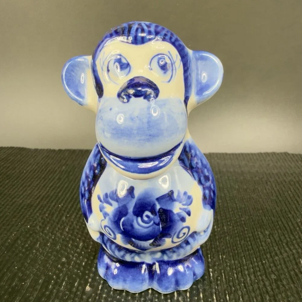 Handmade Gzhel Russian‎ Porcelain Small Monkey Figurine Had Painted Cobalt Blue